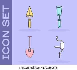 Set Hand drill, Trowel, Shovel and Putty knife icon. Vector