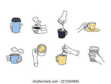 A set at hand with a drink Comical handwritten material Vector, warm line drawing