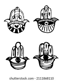 A set of hand drow hands of Hamsa. Vector illustration.
