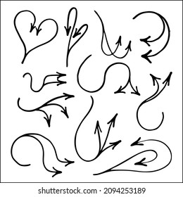 Set of hand drown arrows for menus, wedding, greeting cards decoration. Vector pointers in black and white. Simple arrow design.