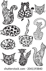 Set of hand drown cats decorated with cute ornaments