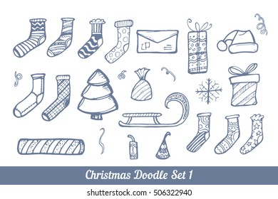 Set of hand drown elements for Christmas and New Year winter Holidays. Doodle set of vector illustration.