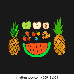 Set of hand drown fruit, vector eps 10. Slices of watermelon, apple, citrus, berries.