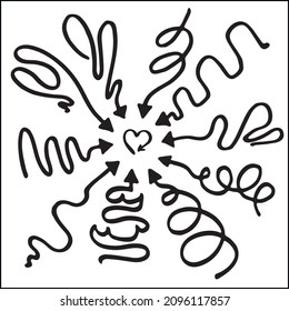 Set of hand drown funny arrows for menus, wedding, greeting cards decoration. Vector pointers in black and white. Simple arrow design.