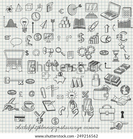 Set of hand drown icons for creating business concepts and illustrating ideas, with font, EPS 8