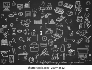 Set of hand drown icons, on chalkboard, for creating business concepts and illustrating ideas, EPS 10 contains transparency.