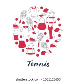 Set of Hand Drown Tennis Items: Sportswear, Racquet and Ball.