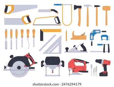 A set of hand and electric carpentry tools. Items for wood processing. Furniture making workshop. Construction tools. Vector illustration