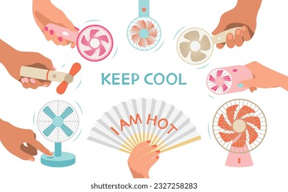 Set of hand electric coloured fans. Hands holding small fans. Flat style isolated on white background