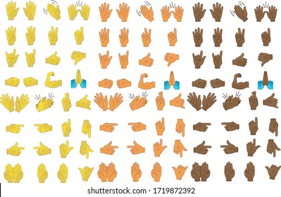 
Set of hand emojis. 96 emoticons of different signs and colors.