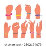 Set of hand with Ethnic bracelets on hands. Friendship Tribal authentic decoration for friends connection wristbands, bracelets on wrist, necklace ornament, female beauty fashion, rubber handmade, 