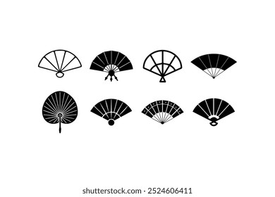 Conjunto de ícones de ventilador manual em vários estilos. Design de ilustração vetorial.