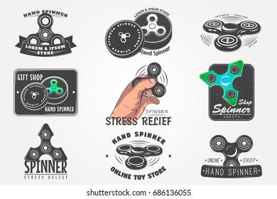 Set of Hand Fidget Spinner Stress Relief Toys. Detailed object. Typographic labels, stickers, logos and badges. Flat vector illustration