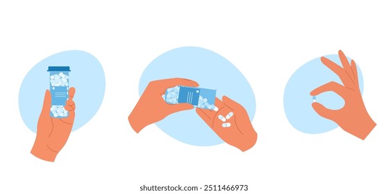 Set of hand with filled pills bottle, with pills spilling out to other hand and fingers hold capsule