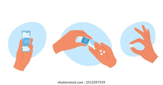 Set of hand with filled pills bottle, with pills spilling out to other hand and fingers hold pill