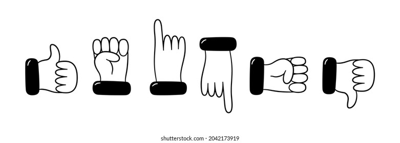 Set of hand and finger gestures. Hand dtawn like, dislike, fist, point with your finger. Vector illustration isolated in doodle style on white background.