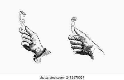 Set of hand Flipping the coin