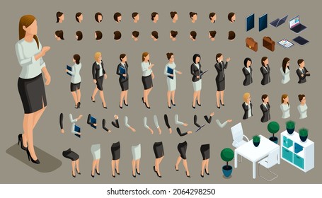 Set of hand and foot gestures of a office worker. To create a 3D business lady character. Create your isometric person for vector illustrations.