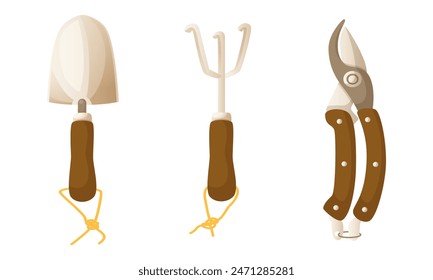 Set of hand garden tools, spatula, rake, pruning shears with wooden handle. Gardening tools, tools for performing agricultural work. Cartoon vector illustration on white background.