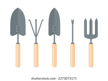 Eine Reihe von handwerklichen Gartenwerkzeugen. Weeder, Rake, Farbtöne und Gabel einzeln auf weißem Hintergrund. Vektorgrafik in Flachstil