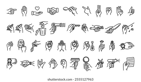 Set of hand gesture and activity icons in outline style. Vector illustration