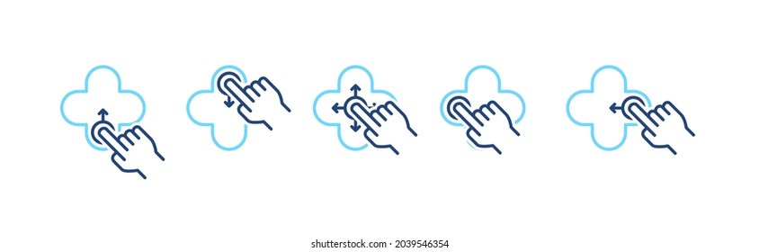 Set of hand gesture with different swipe sides. Device screen with hand icons. Simple UI control web elements.