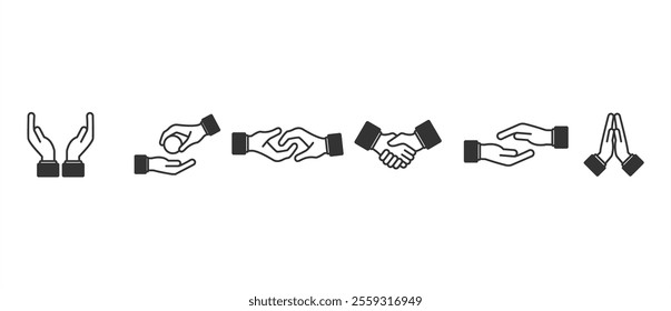 A set of hand gesture flat icons. Handshake, peace and love. Hand icon set. Contains gestures, collection of vector icons in flat form isolated on transparent background. 