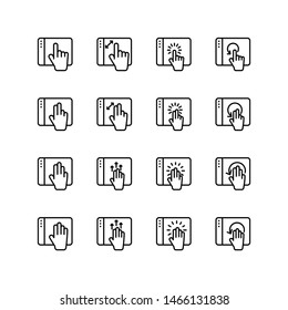 Set of hand gesture in gadget line icon design, black outline vector icons, isolated against the white background, touch screen mark vector illustration.