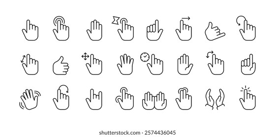 Set of hand gesture icons demonstrating swipes clicks and taps. Vector icon
