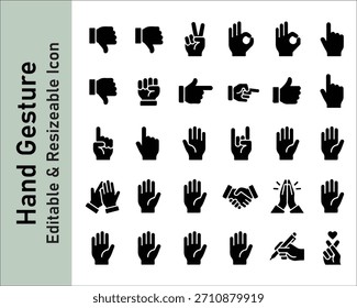 Set of hand gesture icons including thumbs up, thumbs down, pointing, peace, fist, OK sign, and palm gestures. Perfect for communication, UI, social media, and expressions.