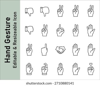 Conjunto de iconos de gestos de mano que incluyen pulgares hacia arriba, pulgares hacia abajo, apuntando, paz, puño, signo de OK y gestos de palma. Perfecto para comunicación, interfaz de usuario, redes sociales y expresiones.