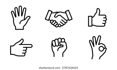 Set of hand gesture icons including handshake and thumbs up with handshake agreement pointing