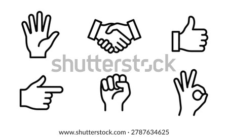 Set of hand gesture icons including handshake and thumbs up with handshake agreement pointing
