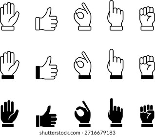 A set of hand gesture icons in various positions, including thumbs up, hand wave, okay gesture, fist, and pointing finger, commonly used in communication and social interactions.