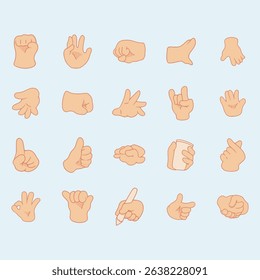 A set of hand gesture illustrations featuring various hand poses and sign language symbols in flat, hand-drawn style. Ideal for animation frames, educational materials, and digital elements collection
