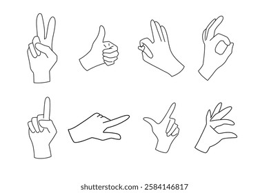 Set of hand gesture. Line art, silhouette. Like symbol, thumb up, okay, v sign, human finger. Vector isolated on white background