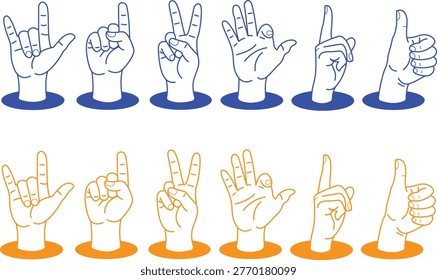 Set of hand gesture line icons in blue and orange. Includes thumbs up, pointing finger, victory sign, open palm, rock hand sign and other finger signals. Clean outline vector collection for UI, web, stickers, infographics, communication and social media reactions.
