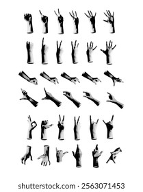 Set of hand gesture signs, including peace, victory, ok, and rock, held by a child. Retro, vintage grayscale design with halftone and dotted texture. Vector illustration isolated