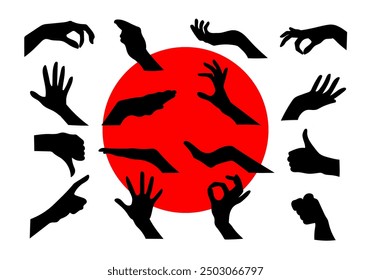 Set of hand gesture silhouettes collection hand drawn vector icon, sign, symbol element design. Body language and communication.