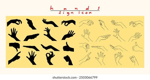 Set of hand gesture silhouettes collection hand drawn vector icon, sign, symbol element design. Body language and communication.