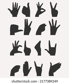 Set of hand gesture silhouettes. Graphics. Vector. On white background. Used as a pointer, sign, symbol, emblem, stencil. Can be used for printing in web design.