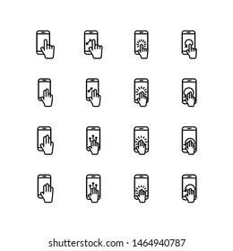Set of hand gesture in smartphone line icon design, black outline vector icons, isolated against the white background, touch screen mark vector illustration.