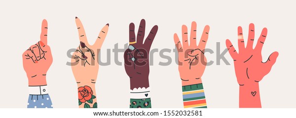 Set of Hand gesture symbols. Various hand icons with\
finger count. Counting by bending fingers. Hand drawn colored\
trendy vector illustration. Cartoon style. Flat design. All\
elements are Isolated 