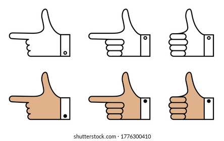 set of hand gestures with bent and pointing fingers. Icons in linear style. Gesticulation. Vector on a white background