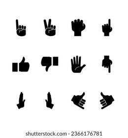 conjunto de gestos de mano, icono negro y fondo blanco, ilustración vectorial