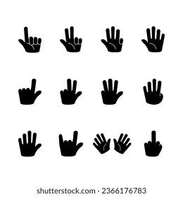 set of hand gestures, black icon and white background, vector illustration
