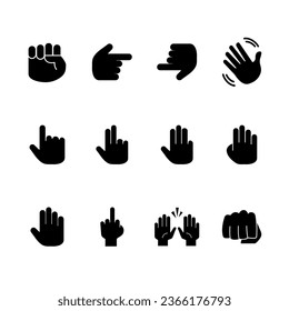 set of hand gestures, black icon and white background, vector illustration