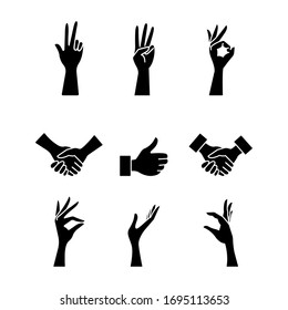 Set of hand gestures, black silhouette, vector. Concept: finger count, gesture all right, handshake, thumb up, support something.