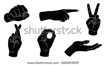 Set of hand gestures in black silhouette style. Includes fist, pointing, peace sign, crossed fingers, OK sign, and cupped hand.