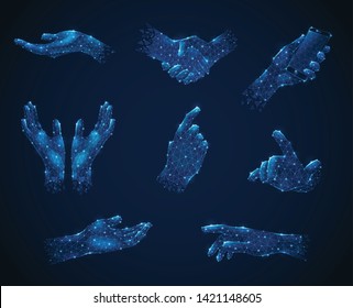 Set of hand gestures in blue polygonal wireframe style luminescent on dark background isolated vector illustration  